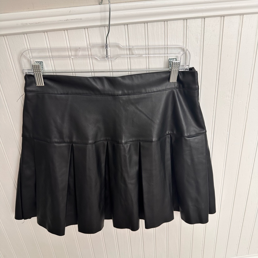 Pleated Black Leather Skirt